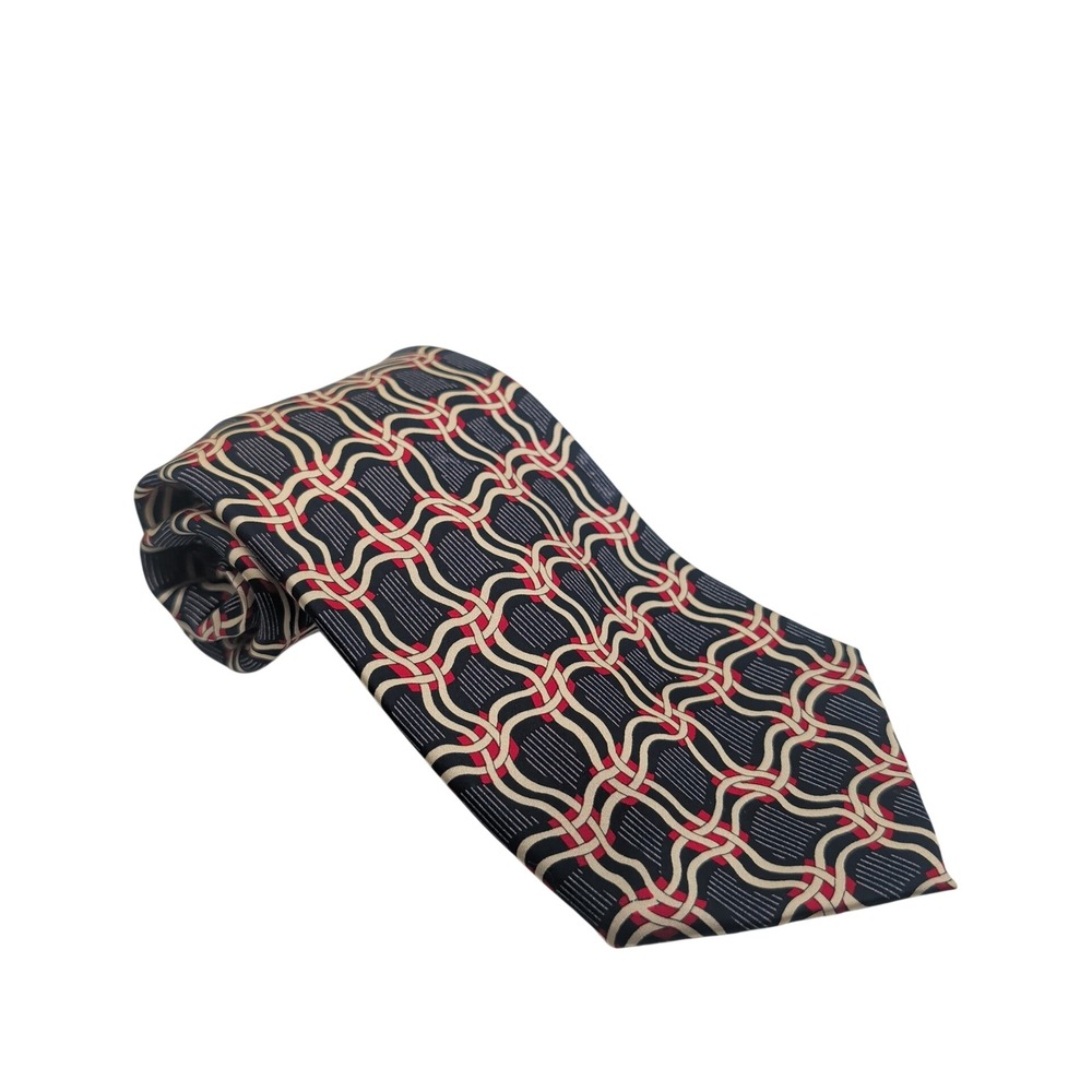 Laurent Benon Tie Mens Navy Blue Geometric Chain Link 100% Silk Hand Finished